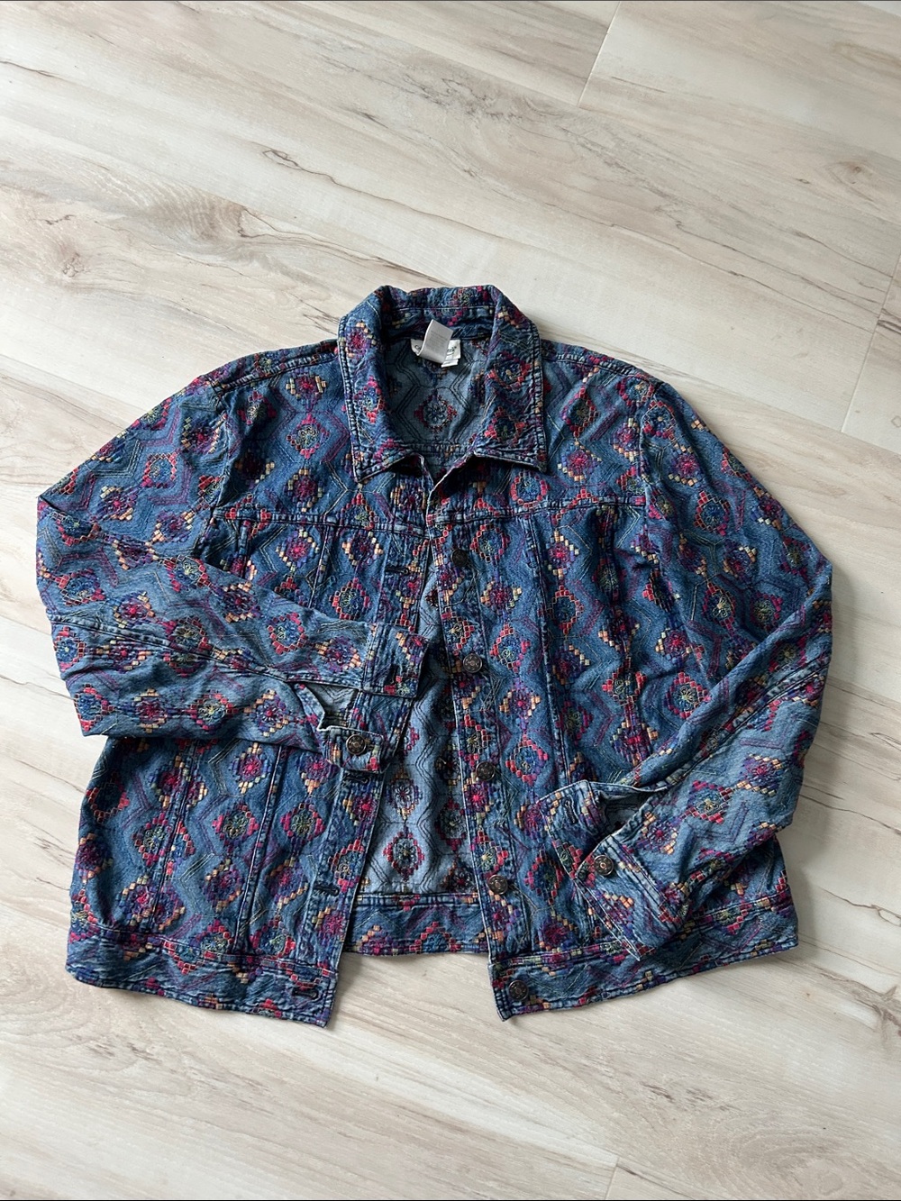 Coldwater Creek Blue Patterned Bomber Jacket with Multicolor Accents